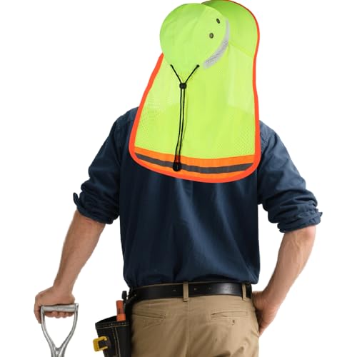 High Visibility Reflective Sun Hat Mesh Work Safety Boonie Hat UPF50+ Wide Brim Bucket Cap for Outdoor Hiking Men Women - color: Mesh + Green(with Neck Flap)