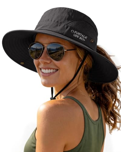 FURTALK Womens Sun Hat with Ponytail Hole Beach Hiking Summer Wide Brim UPF 50+ Outdoor Protection Foldable Bucket Hat - color: Black