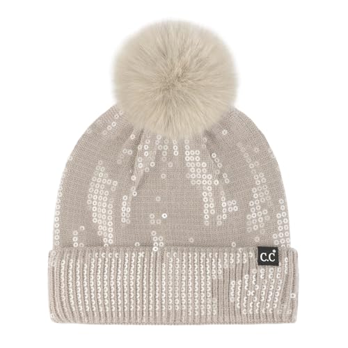C.C Sequin Pom Beanie for Women - Acrylic Stretchable Soft Warm Knit Winter Skully Hat with Yarn Pom - color: Clear Sequin-lt. Taupe