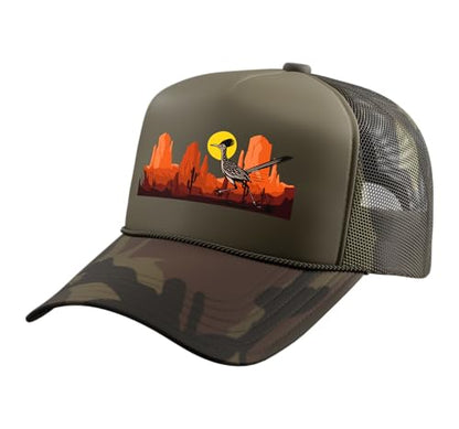 Roadrunner Bird Desert Vibes Arizona New Mexico Nevada Trucker Hat with Adjustable Mesh Back - color: Camo Green
