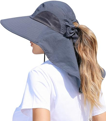 Womens Sun Hat Outdoor UV Protection Wide Brim Fishing Hat with Ponytail Hole Neck Flap for Beach Hiking Camping - color: Sun Hat-dark Grey