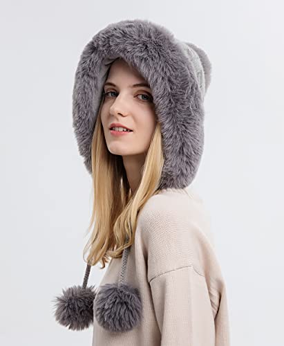 Winter Beanie Hats for Women with Ear Flaps Faux Fur Crochet Skull Cap Warm Outdoor Ski Snow Hats Pompoms - color: Grey