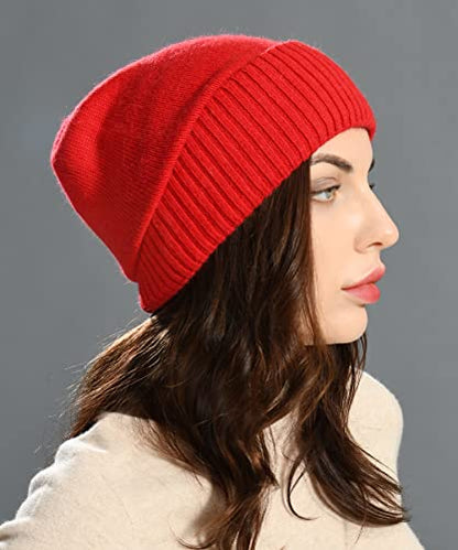 jaxmonoy Slouchy Beanies for Women Winter Lightweight Ladies Knit Hat Cuffed Soft Warm Slouch Beanie Cap - Brown - color: Red
