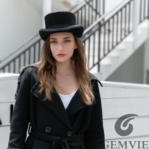 GEMVIE Men 100% Wool Top Hat Mad Hatter Satin Lined Black Low Top Hats for Party - color: Black-4.5" High, size: 7 5/8