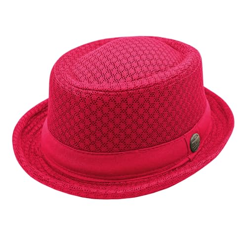 Summer Mesh Pork Pie Hat Cute Fedora Hat Lightweight Breathable Short Brim Bowler Derby Cap for Men Women - color: Red