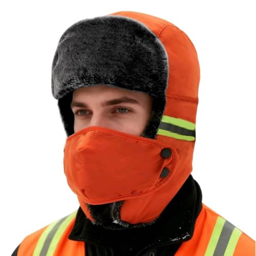 Winter Thermal Plush Trapper Hat with Face Mask Windproof Warm Reflective Russian Ushanka Hat Hunting Ski Cap for Men Women - color: Orange