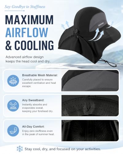 Sun Hat UPF50+, Breathable Wide Brim Bucket Hat Outdoor for Hiking Garden - color: Black