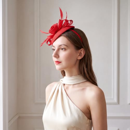 Flower Fascinator Hat Headband Clip for Women Tea Party - color: Red-02