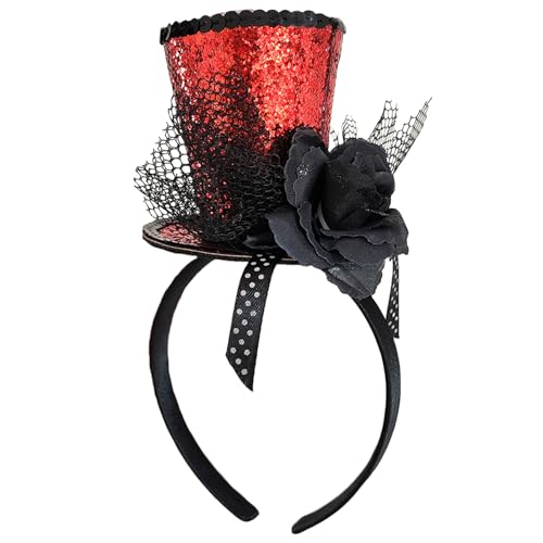 WLBON Halloween Mini Top Hat Headband 1920s Flower Sequins Hair Hoops Bands Fascinator Headpiece Hairband Women Christmas Holiday Festival Parade Cosplay Dress Up Birthday Tea Party Accessories Red - color: Red Tone
