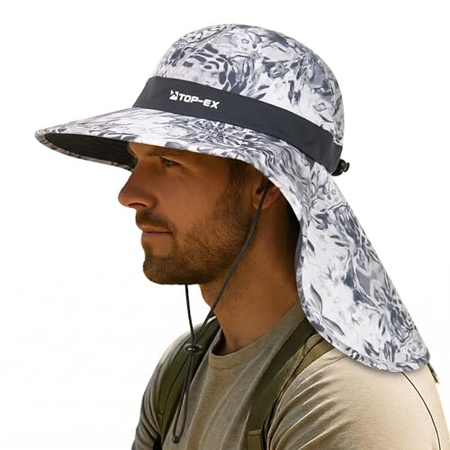 TOP-EX UPF 50+ Cooling Wide Brim Sun Hat for Men with Neck Flap, Packable - color: White - Water Ripple, size: Large-X-Large