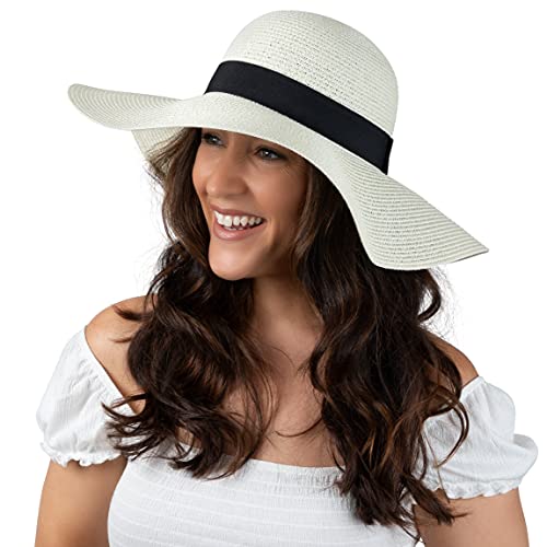 Women Floppy Sun Hat with Wide Brim—Foldable Roll-Up Straw Beach Hat UPF 50 - color: Ivory, size: Large