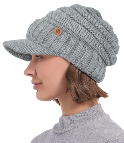 Women Men Winter Beanie Hat with Visor, Warm Fleece Lined Beanie Cap, Thick Knit Cap Slouchy Hat with Brim - color: Heather Grey