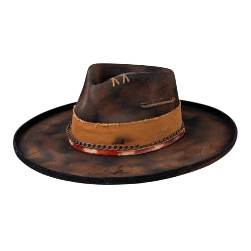 Vintage Pencil Brim Fedora Hats 100% Wool Felt Hat Panama Rancher Hat with Lightning Logo Handmade Distressed/Burned - color: Stl-18, size: 7 1/8