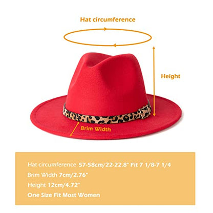 Women Two Tone Wide Brim Fedora Felt Panama Hat - color: Square Buckle-red Leopard