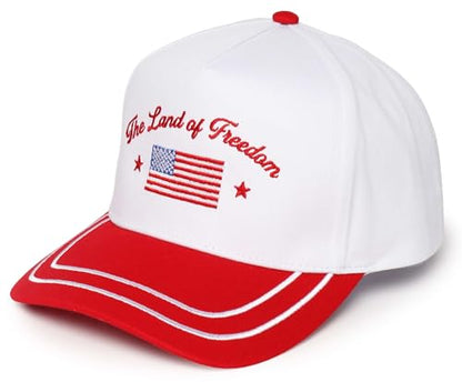 D&Y Retro 2-Tone Canvas Baseball Cap for Women - Funny Embroidered Distressed Snapback, Adjustable Cotton Dad Hat - color: The Land of Freedom-red