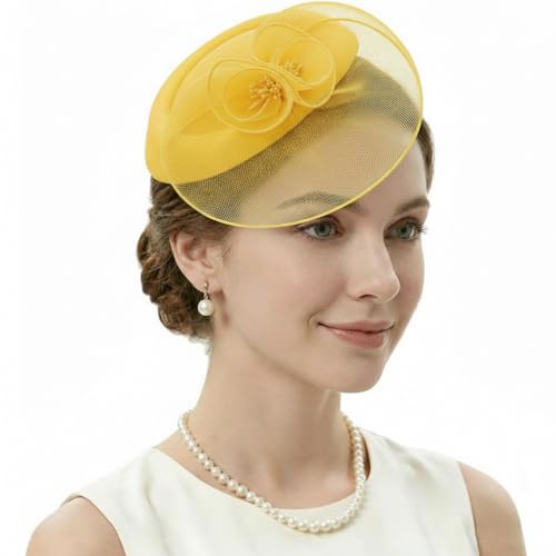 DRESHOW Fascinator Hats for Women Cocktail Tea Party Hat Netted Pillbox Hat Vintage Derby Hats for Bridal Wedding - color: Pillbox Hat: Yellow