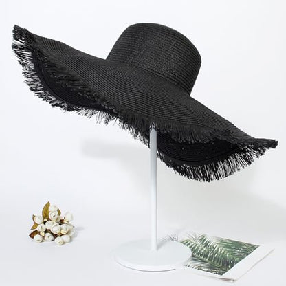 Womens Mens Wide Brim Straw Panama Hat Beach Sun Hat Summer Wide Brim Straw Roll up Hat Fisherman's UPF 50 - color: Black 1