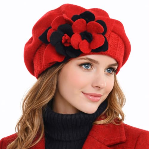 Lady French Beret 100% Wool Beret Chic Beanie Winter Hat HY023 - color: Red
