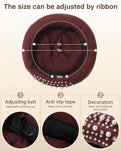 AWAYTR French Beret with Pearls & Rhinestones, Wool Beanie Hat for Women - color: Coffee