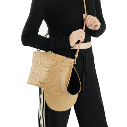 Straw Sun Visors Womens, Ponytail Beach Straw Visor, Packable Summer Sun Hats for Women Travel - color: Khaki