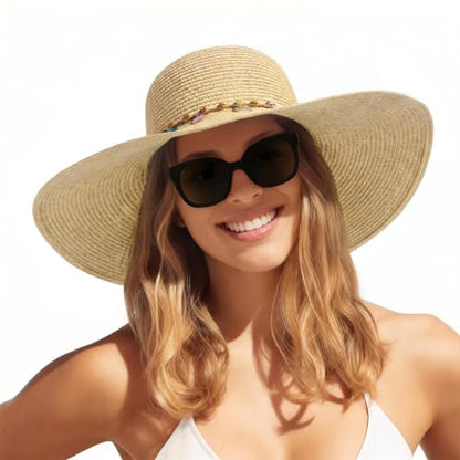 Women's Sun Straw Hat Wide Brim Floppy Foldable Hats Beach Travel Summer Vacation Hat UPF 50+ - color: Beige-shell
