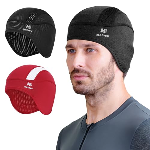 MELASA Cooling Skull Cap Helmet Liner with Ear Flaps, Breathable Mesh - color: Black & Red
