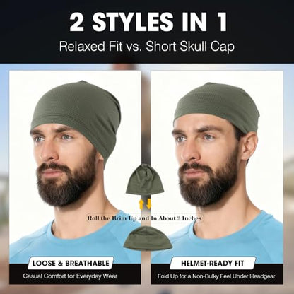 WTACTFUL 3-Pack Breathable Cooling Skull Cap for Men Women Thin Beanie - color: Black+black+deep Green
