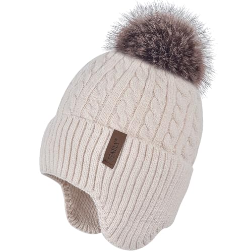 FENELY Women's Knitted Warm Beanie Winter Hat, Warm Chunky Snow Hat with Pompom - color: Beige