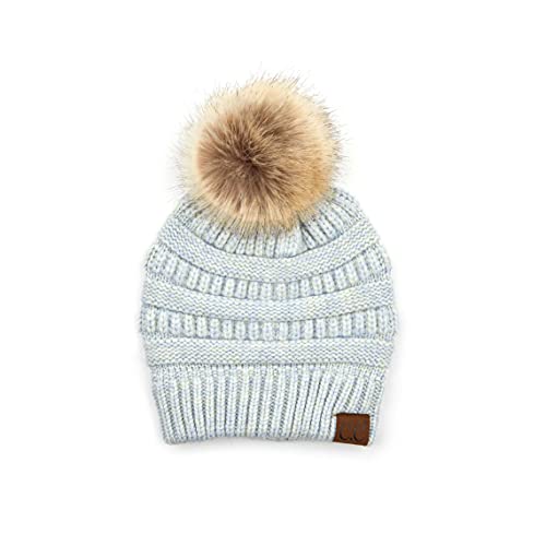 C.C Fur Pom Winter Fall Trendy Chunky Stretchy Cable Knit Beanie Hat - color: Snuggly Soft Pastel Blue Mix