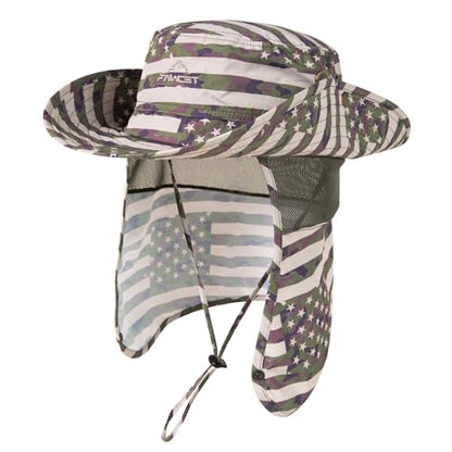Comhats Sun Hat with Neck Flap for Men, UPF 50+ Wide Brim Cooling Oversized - color: Army Green American Flag, size: Large-X-Large