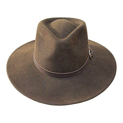 B&S Premium Lewis - Wide Brim Fedora Hat - 100% Wool Felt - Water Resistant - Leather Band - color: Dark Brown, size: 7-7 1/8