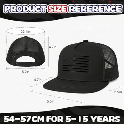 BROMZ Kids Youth American Flag Trucker Hat Flat Bill, Breathable Mesh Back Snapback Baseball Cap for Boys Girls 5-15 Years - color: Black/Black Flag