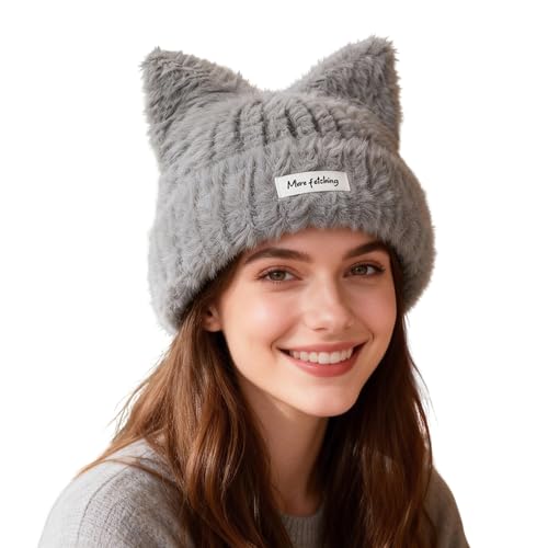 Cat Ear Beanie Hats for Women Knitted Beanie Fox Skull Cap Warm Cute Furry Fuzzy Fluffy Winter Crochet Snow Hat - color: Gray