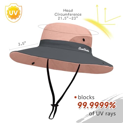 ZOORON Women's Ponytail Safari Sun Hat,Wide Brim UV Protection Bucket Hat - color: 1-pink/Arm Sleeves