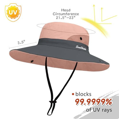ZOORON Women's Ponytail Safari Sun Hat,Wide Brim UV Protection Bucket Hat - color: 1-pink