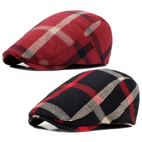 2 Pack Mens Newsboy Flat Cap Plaid Ivy Gatsby Cabbie Driving Golf Hat Beret - color: 2 Pcs Set H
