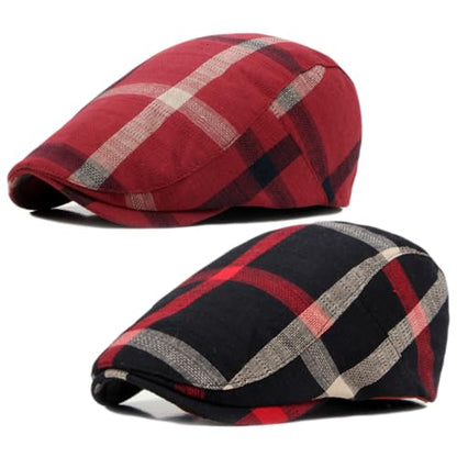 2 Pack Mens Newsboy Flat Cap Plaid Ivy Gatsby Cabbie Driving Golf Hat Beret - color: 2 Pcs Set H