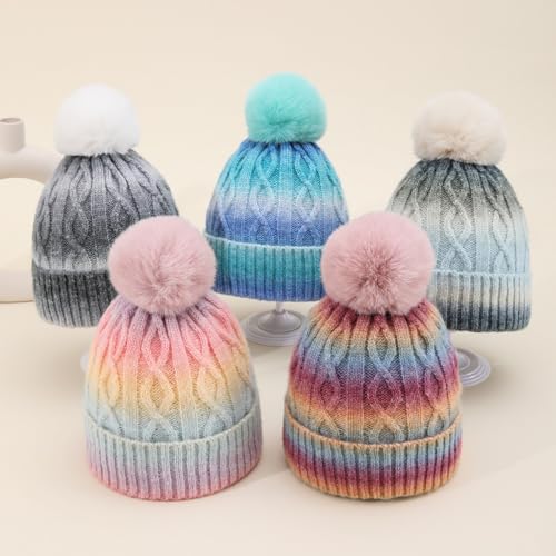 Unisex Colorful Ombre Beanie Winter Cuffed Cable Knitted Hat with Pompom - color: Wine Red