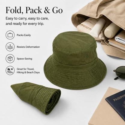 Cotton Bucket Hat Packable Beach Sun Hat for Women Men - color: Armygreen