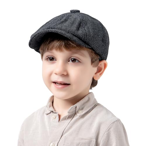 Jastore Kids Boys Vintage Newsboy Cap Tweed Flat Boys Vintage Beret Cabbie Hat Pageboy Caps - color: Black/Grey, size: 7-9 Years