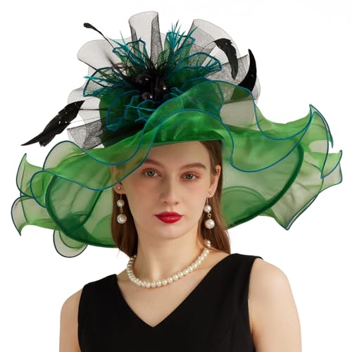 Women Organza Church Derby Hat Wide Brim Sun Caps for Wedding Tea Party Hat with Detachable hat Flower as Headgear - color: 11-green