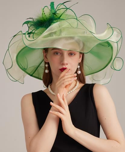 Women Derby Church Hat Organza Flower Wedding Tea Party Fascinator Wide Brim Sun Hat - color: 16-light Green