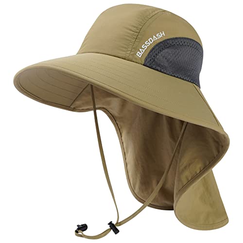 BASSDASH UPF 50+ Unisex Water Resistant Wide Brim Sun Hat with Large Neck Flap Ponytail Fishing Hat for Men Women - color: Dark Khaki