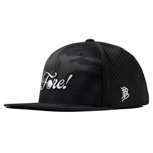 Branded Bills Fore! Performance Golf Hat for Men, 6 Panel Flat Bill Snapback Baseball Cap - color: Multicam