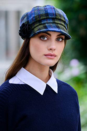 Newsboy Hat for Women's Cap 8 Panel Wool Made in Ireland - color: Blue, Green Plaid