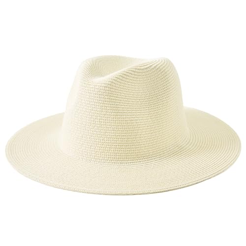 Lanzom Women Wide Brim Straw Panama Roll up Hat Fedora Beach Sun Hat UPF50+ - color: Beige Without Band, size: Large-X-Large