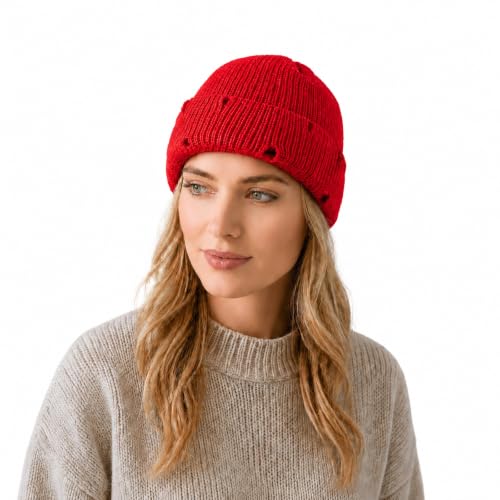 Unisex Warm Knit Skull Cap Hip-hop Slouchy Ripped Knitted Hat - color: Red