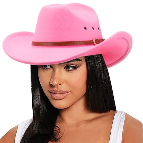DRESHOW Cowboy Hat for Women and Men Western Felt Cowboy Cowgirl Hat Wide Brim Belt Buckle Retro Fedora Hats Unisex Caps - color: 1 Pack Style 5: Pink, size: Large