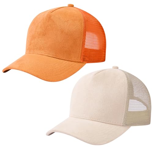 Suede Curved Brim Trucker Cap Adjustable Snapback Hat Mesh Back Breathable for Men Women 2 Pack SH03 - color: Pack of 2, Bleached Sand & Orange