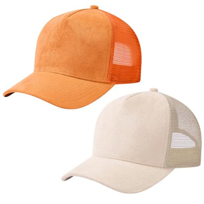 Suede Curved Brim Trucker Cap Adjustable Snapback Hat Mesh Back Breathable for Men Women 2 Pack SH03 - color: Pack of 2, Bleached Sand & Orange
